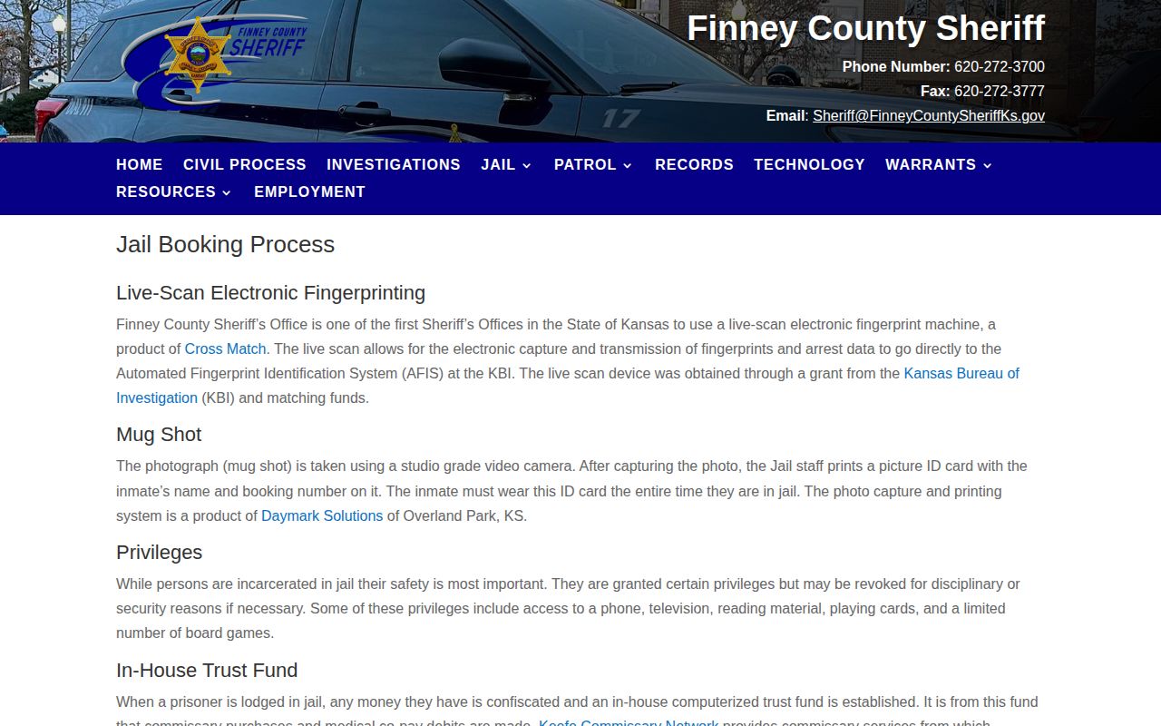 Finney County Jail booking process and identification workflow