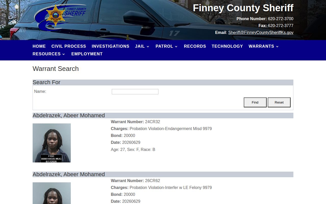 Finney County warrant search controls and custody warning