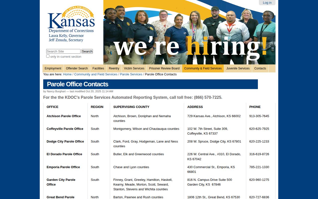 Kansas Department of Corrections Garden City Parole Office listing